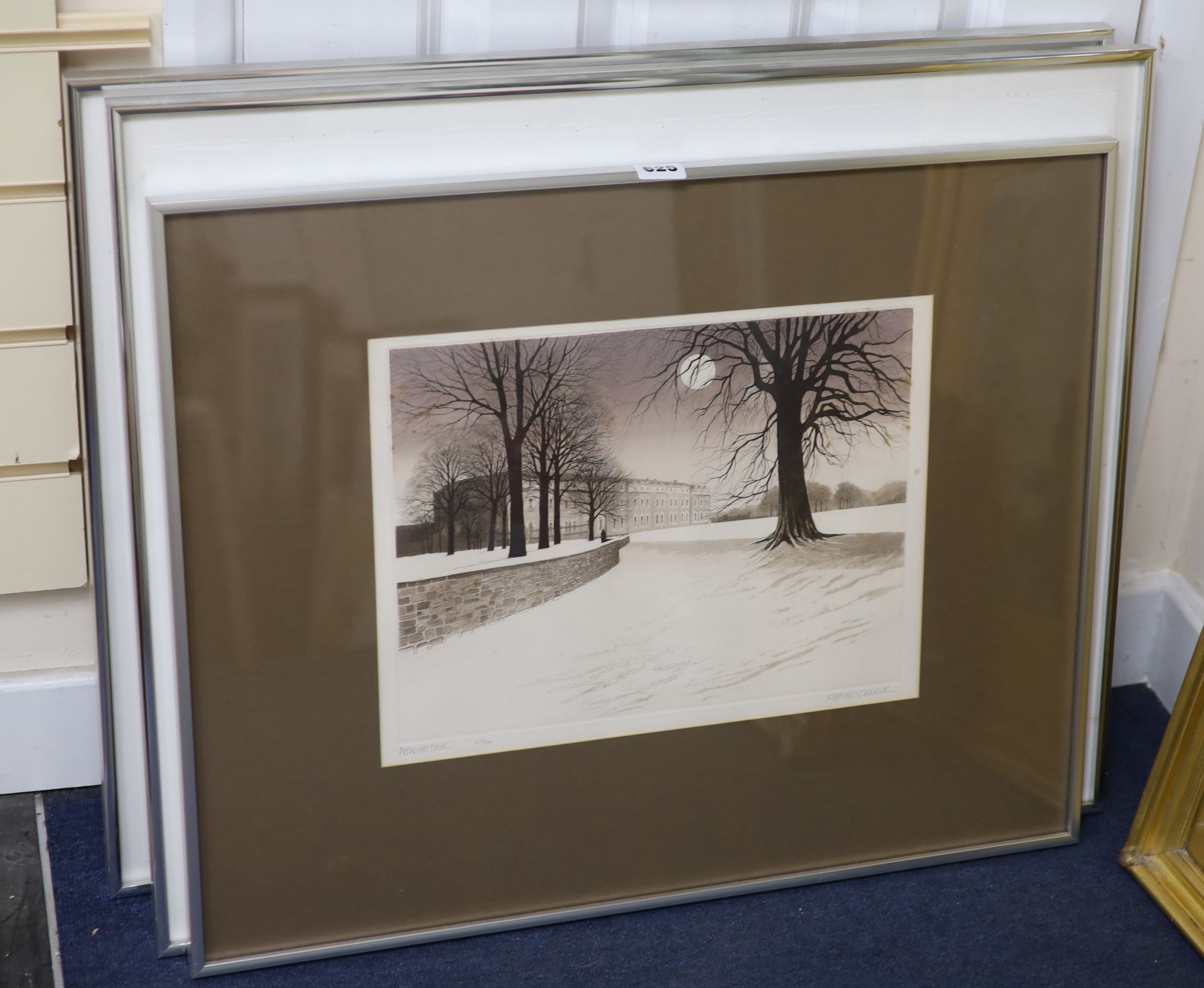 Kathleen Caddick (b.1937), limited edition print, Petworth Park and a pair of Graham Evenden prints of Nymans and Scotney Castle